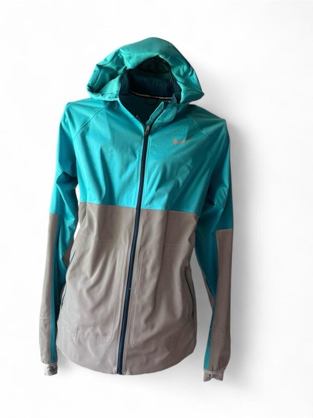 Nike Women’s Teal and Gray Hooded Colorblock Jacket